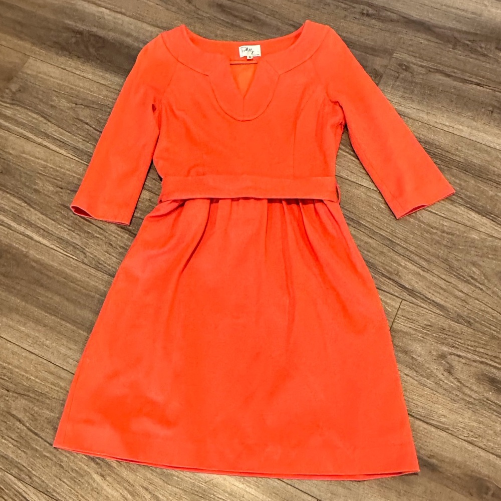 Milly of New York Vintage Vibrant Orange 3/4 Sleeves Knit Belted Dress Size S